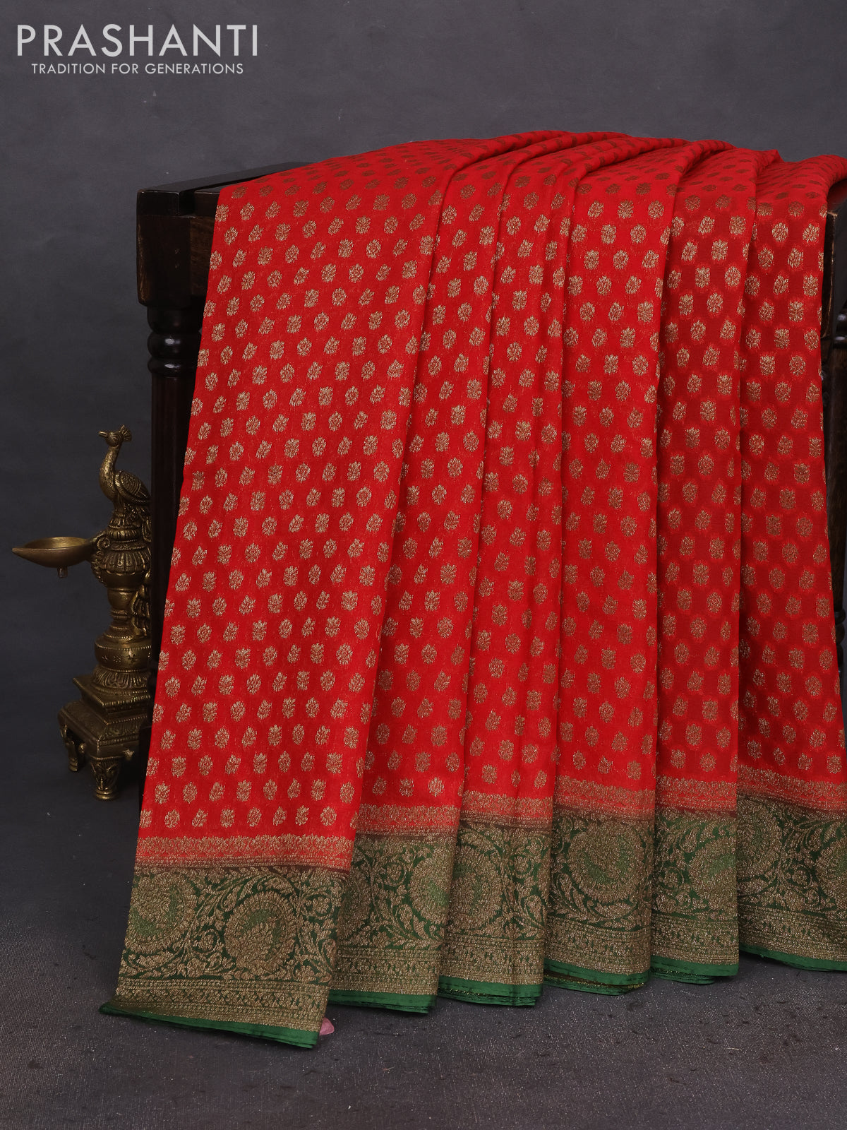 Banarasi semi georgette saree red and green with allover thread & zari woven buttas and woven border