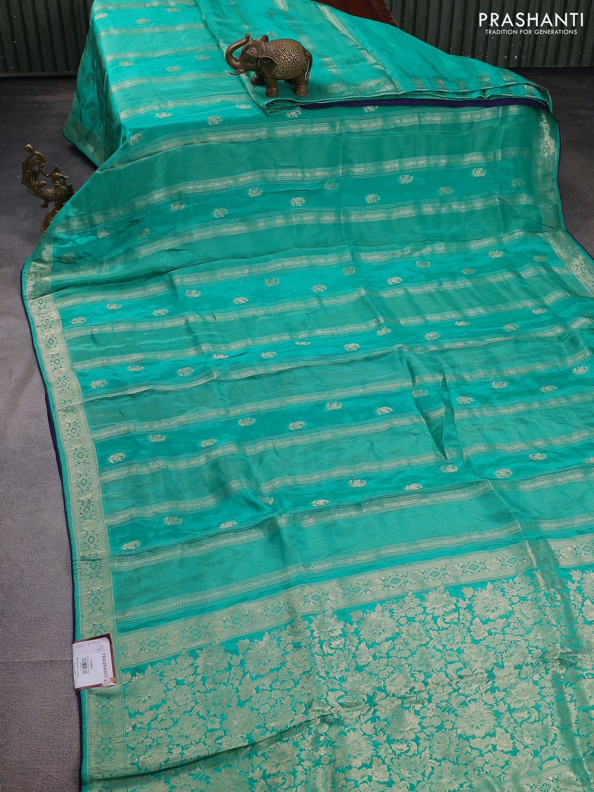 Banarasi silk saree teal green and blue with allover zari weaves and zari woven border