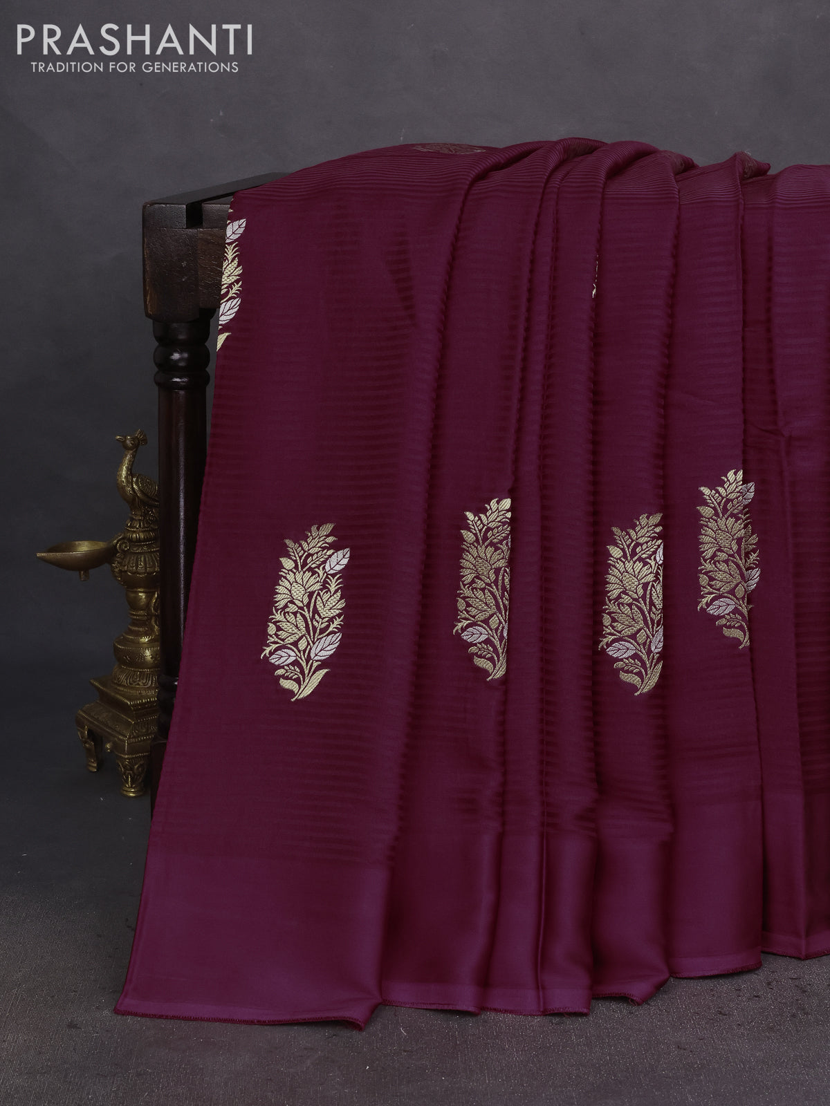 Banarasi mushru silk saree maroon with allover stripes pattern & zari weaves and satin border
