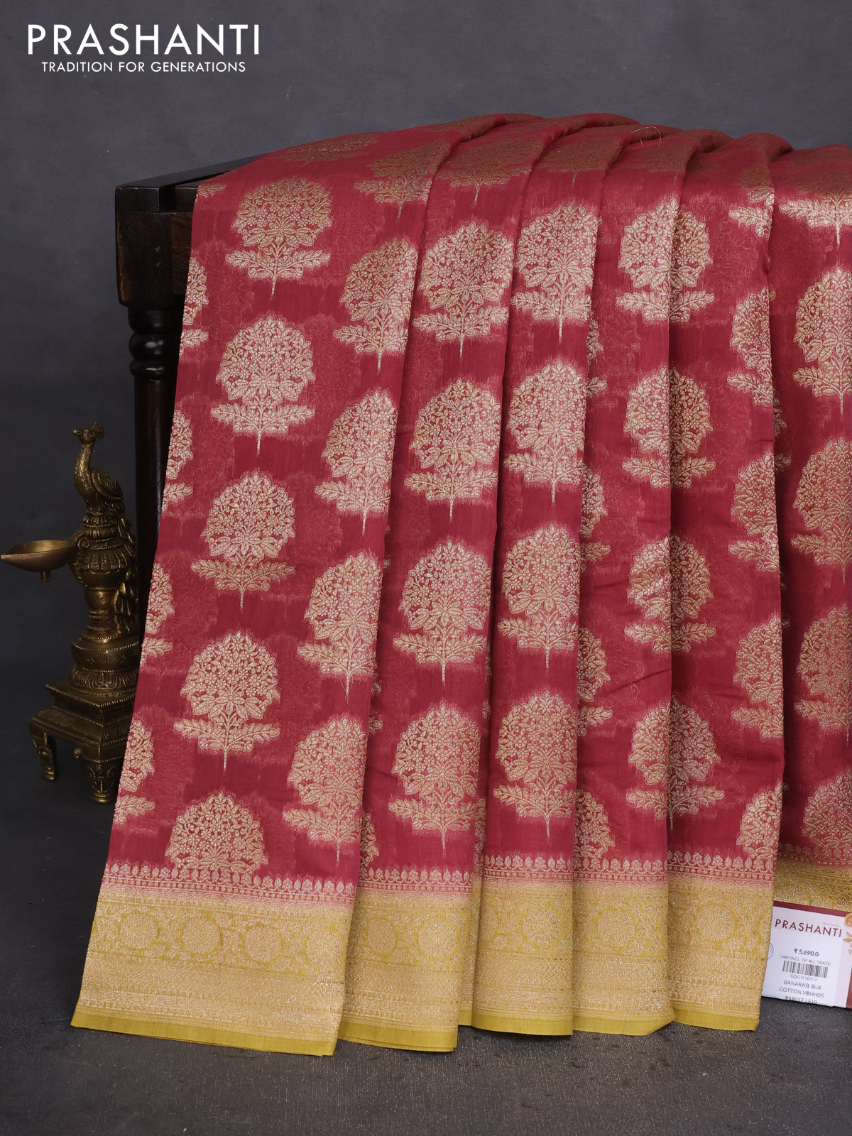 Banarasi silk cotton saree pastel maroon and yellow shade with allover thread & zari woven butta weaves and woven border