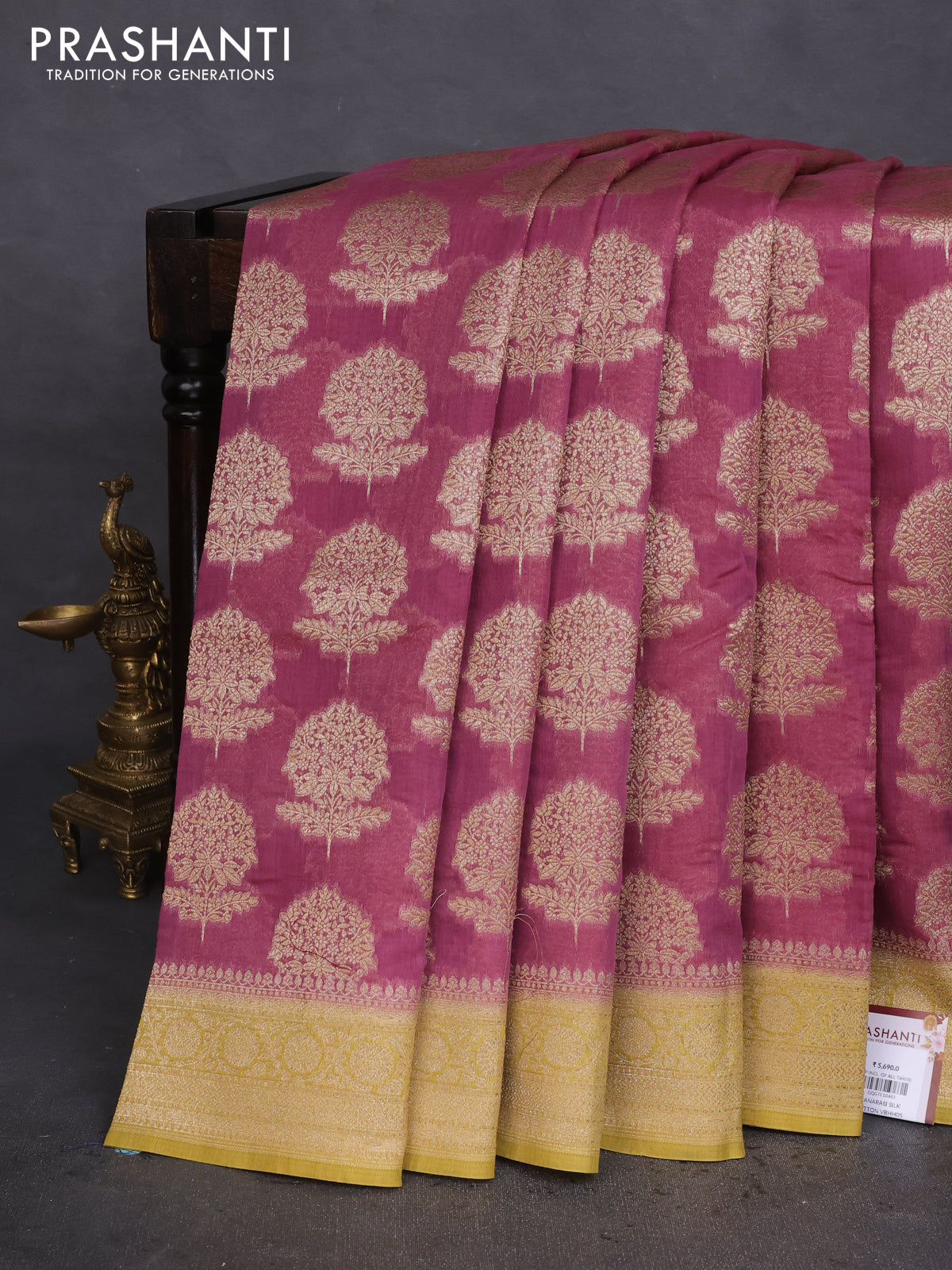 Banarasi silk cotton saree mauve pink and yellow shade with allover thread & zari woven butta weaves and woven border