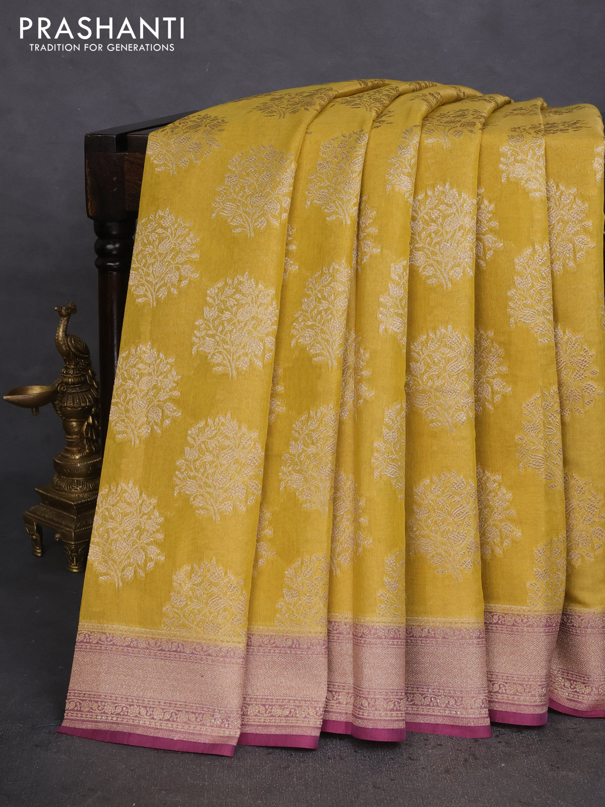 Banarasi tissue silk cotton saree mustard yellow and mauve pink with allover thread & zari woven butta weaves and woven border