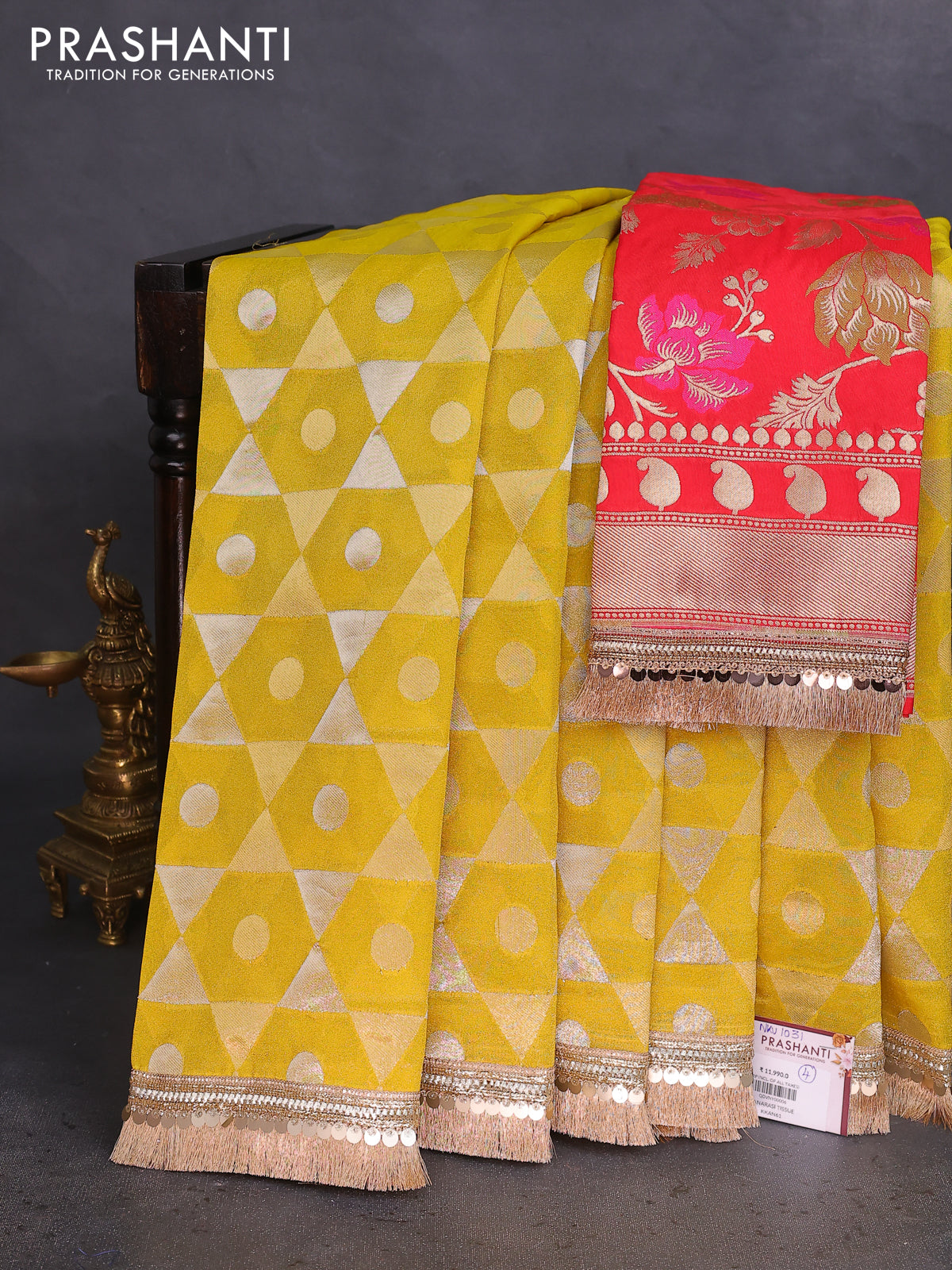 Banarasi tissue saree yellow and red with allover zari woven geometric wevaes and lace work border