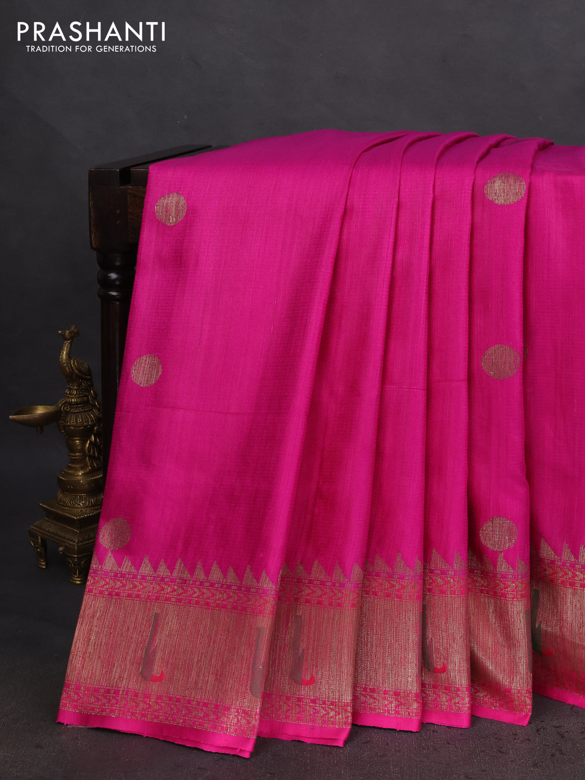 Banarasi handloom dupion silk saree pink with woven coin buttas and zari woven muniya butta border