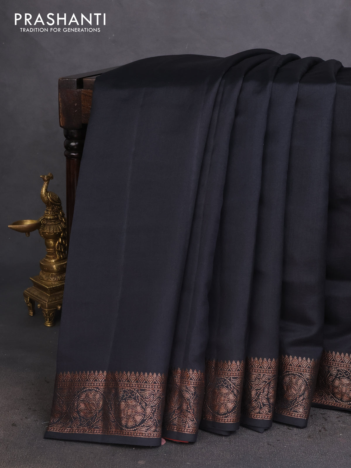 Chiniya silk saree black and maroon with plain body and woven border