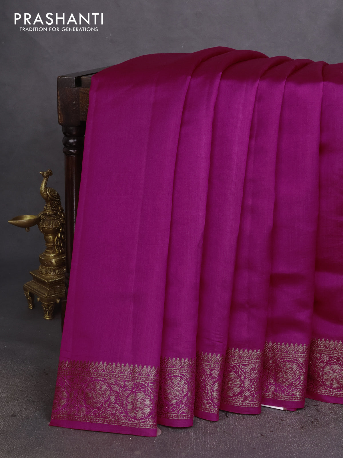 Chiniya silk saree pink and deep jamun with plain body and woven border