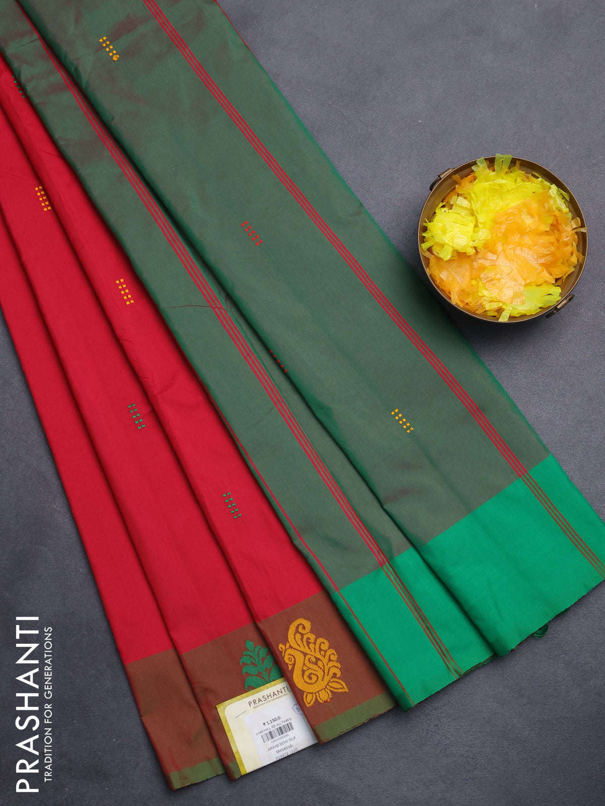 Arani semi silk saree reddish pink and dual shade of green with thread woven buttas and thread woven butta border