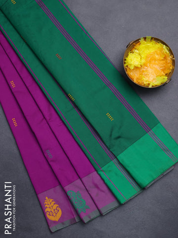 Arani semi silk saree purple shade and green with thread woven buttas and thread woven butta border