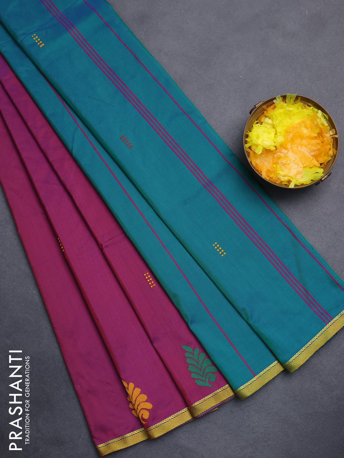 Arani semi silk saree dual shade of maroonish purple and green with thread woven buttas and piping border