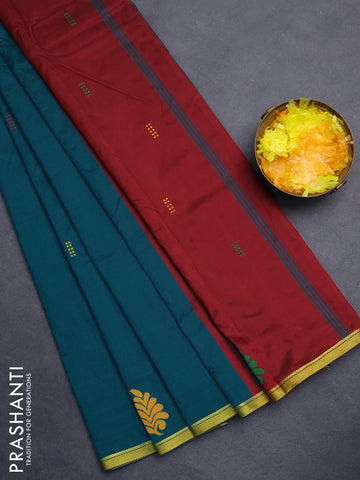 Arani semi silk saree peacock green and maroon with thread woven buttas and piping border