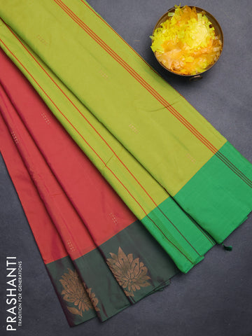 Arani semi silk saree dual shade of pinkish mustard and green with zari woven buttas and zari woven butta border