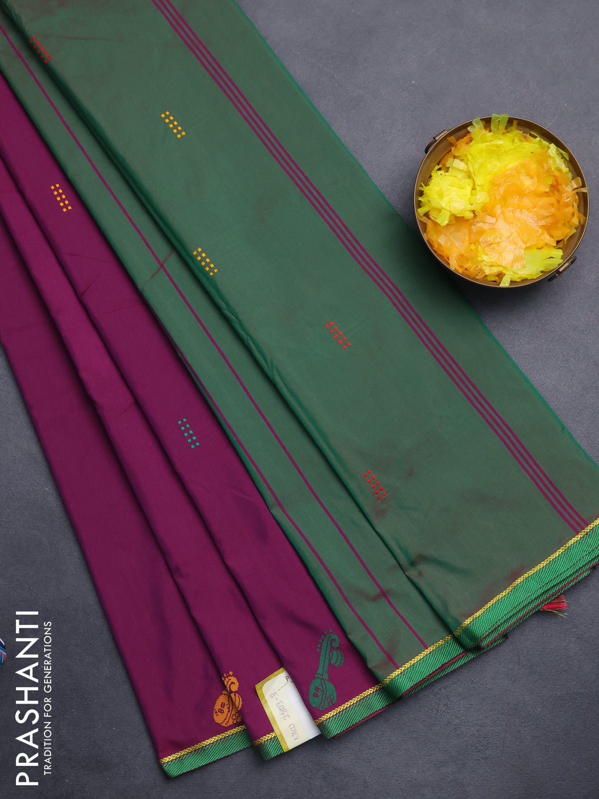 Arani semi silk saree purple and dual shade of green with thread woven buttas and thread woven butta border