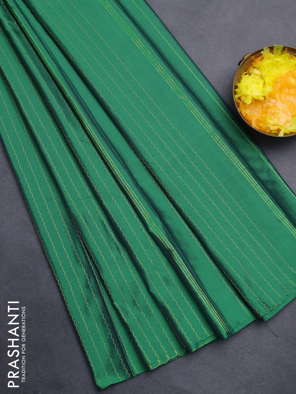 Arani semi silk saree green with allover silver zari weaves in borderless style