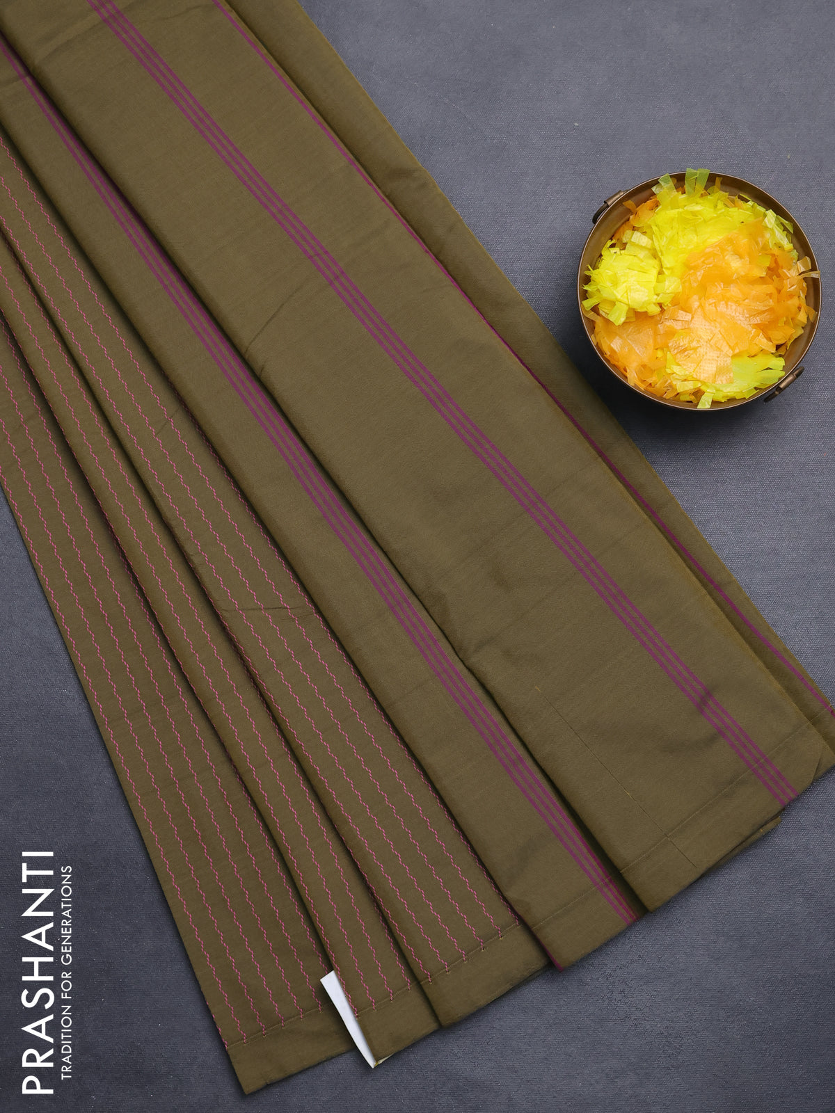 Arani semi silk saree military green with allover thread weaves in borderless style