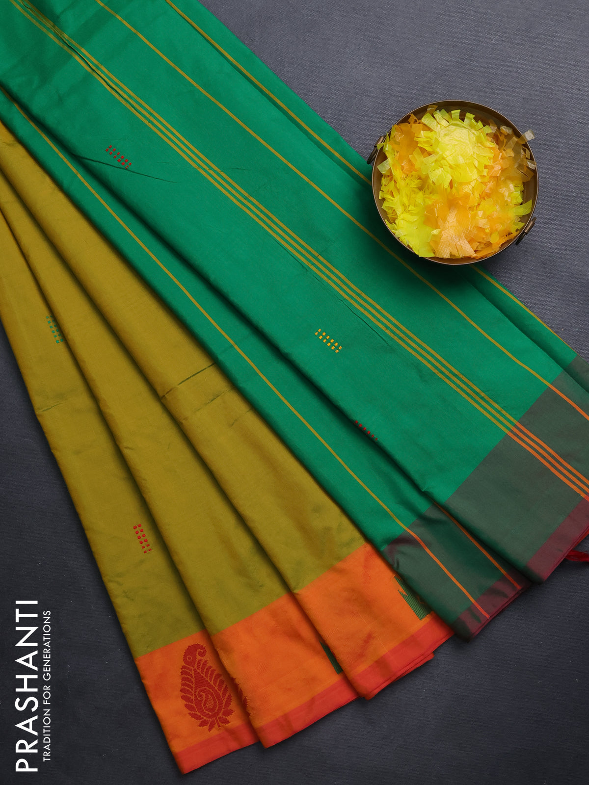 Arani semi silk saree dual shade of mustard green and green with thread woven buttas and thread woven butta border