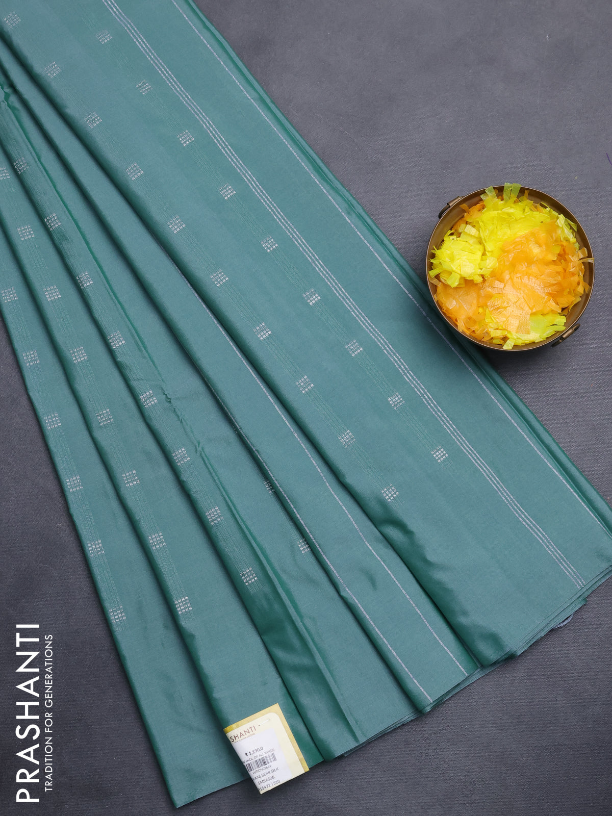 Arani semi silk saree teal green with silver zari woven buttas in borderless style