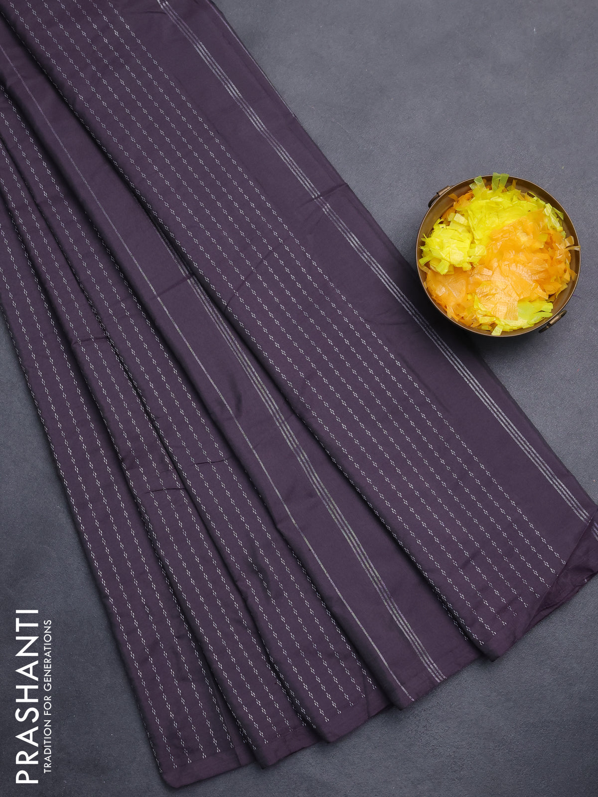 Arani semi silk saree deep jamun shade with allover silver zari weaves in borderless style