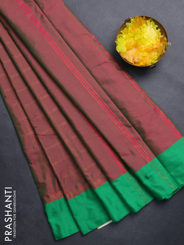 Arani semi silk saree dual shade of maroon and green with allover copper zari checked pattern and copper zari woven simple border