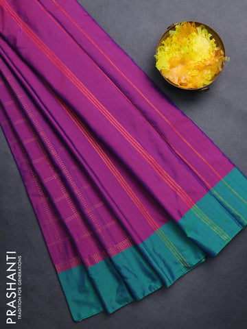 Arani semi silk saree purple and green with allover copper zari checked pattern and copper zari woven simple border