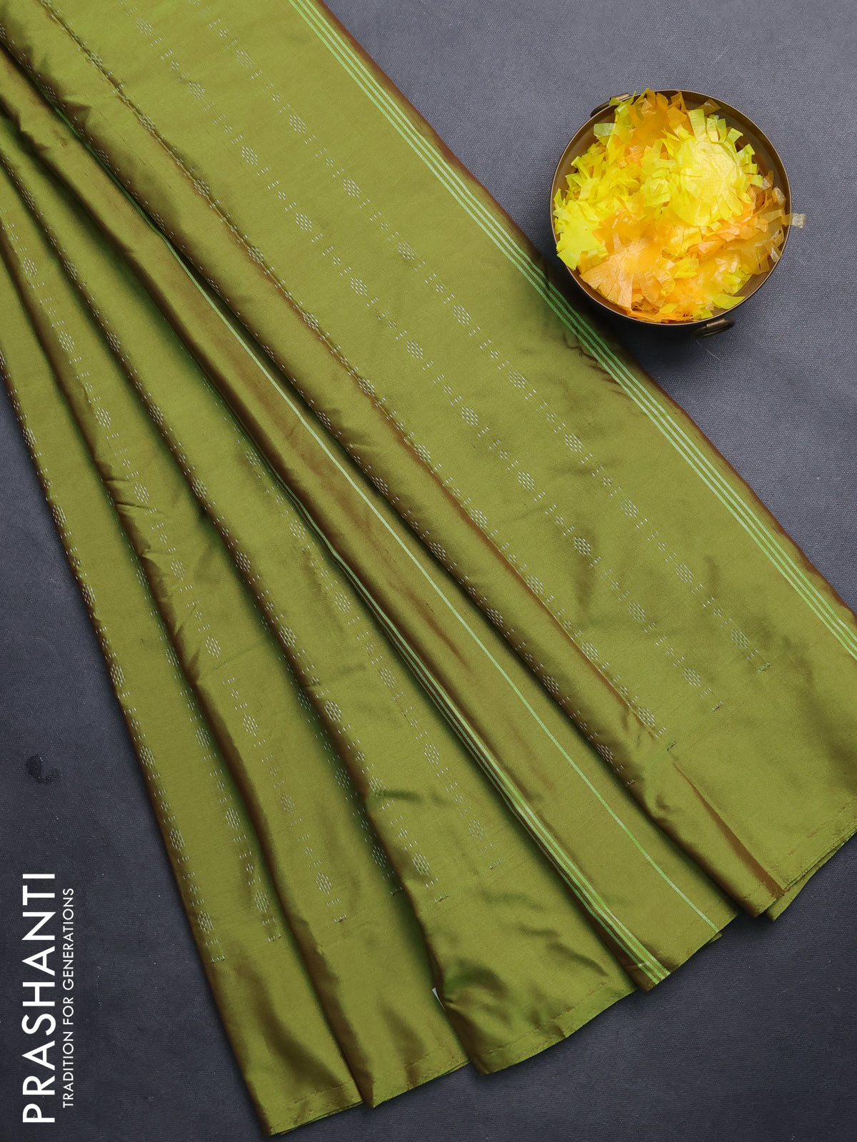 Arani semi silk saree light green with allover silver zari weaves in borderless style