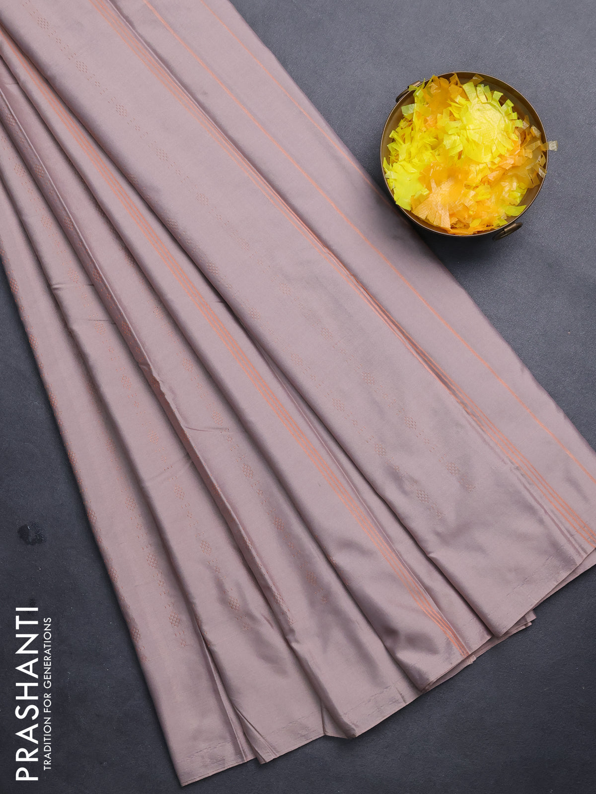 Arani semi silk saree pastel pink with allover copper zari weaves in borderless style
