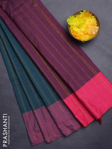 Arani semi silk saree peacock green and pink with allover zari weaves and zari woven border