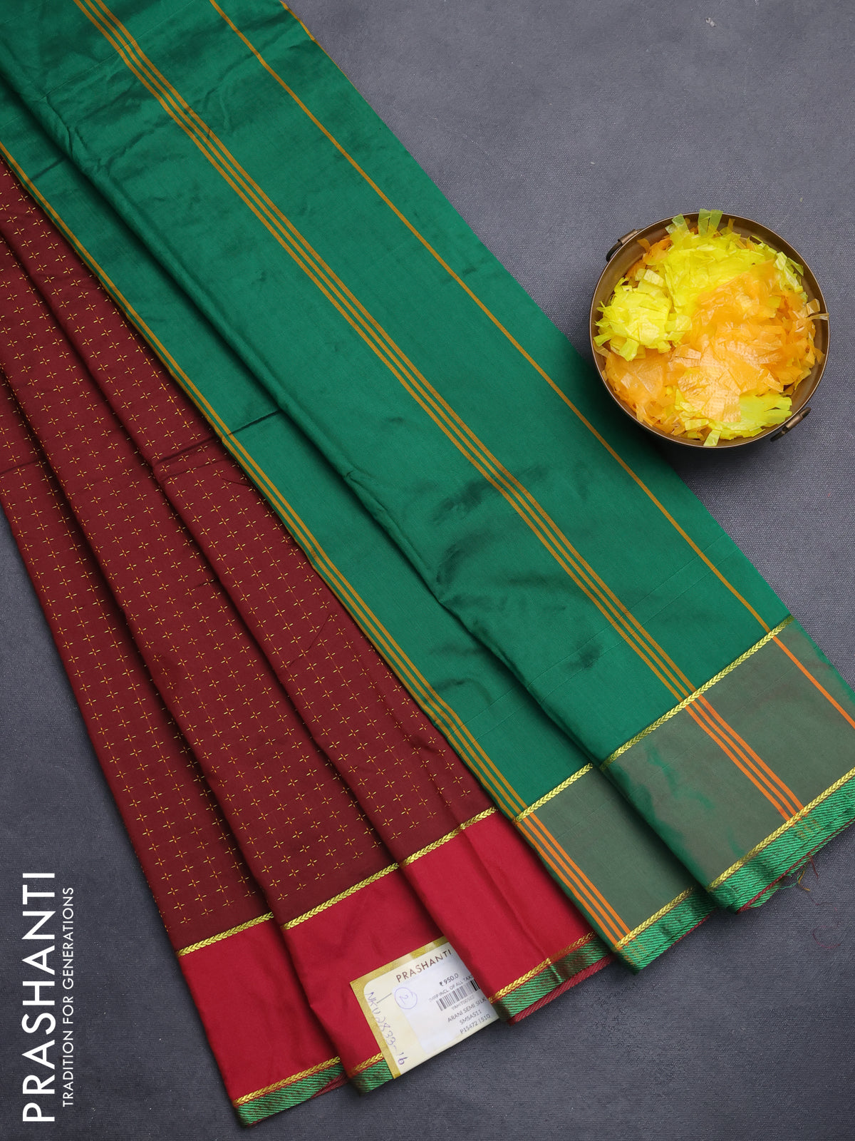 Arani semi silk saree maroon and red with allover thread weaves and rettapet zari woven border`