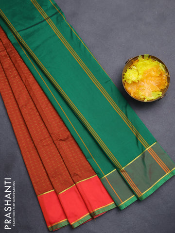 Arani semi silk saree brown shade and green with allover thread weaves and rettapet zari woven border`