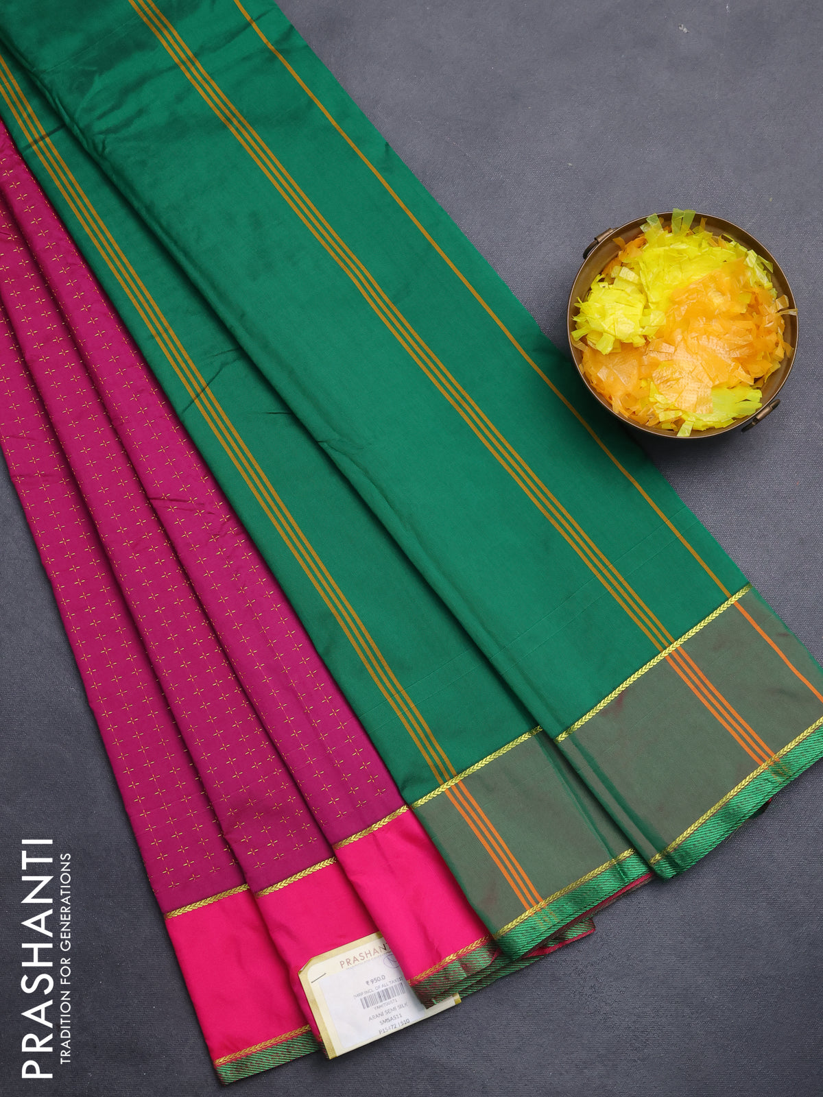 Arani semi silk saree magenta pink and dark green with allover thread weaves and rettapet zari woven border`