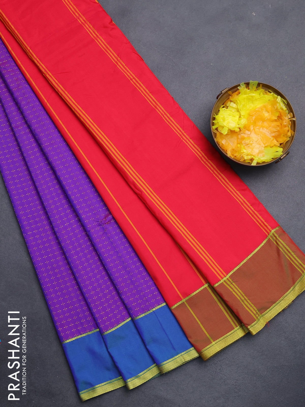 Arani semi silk saree dual shade of purple and red with allover thread weaves and rettapet zari woven border`