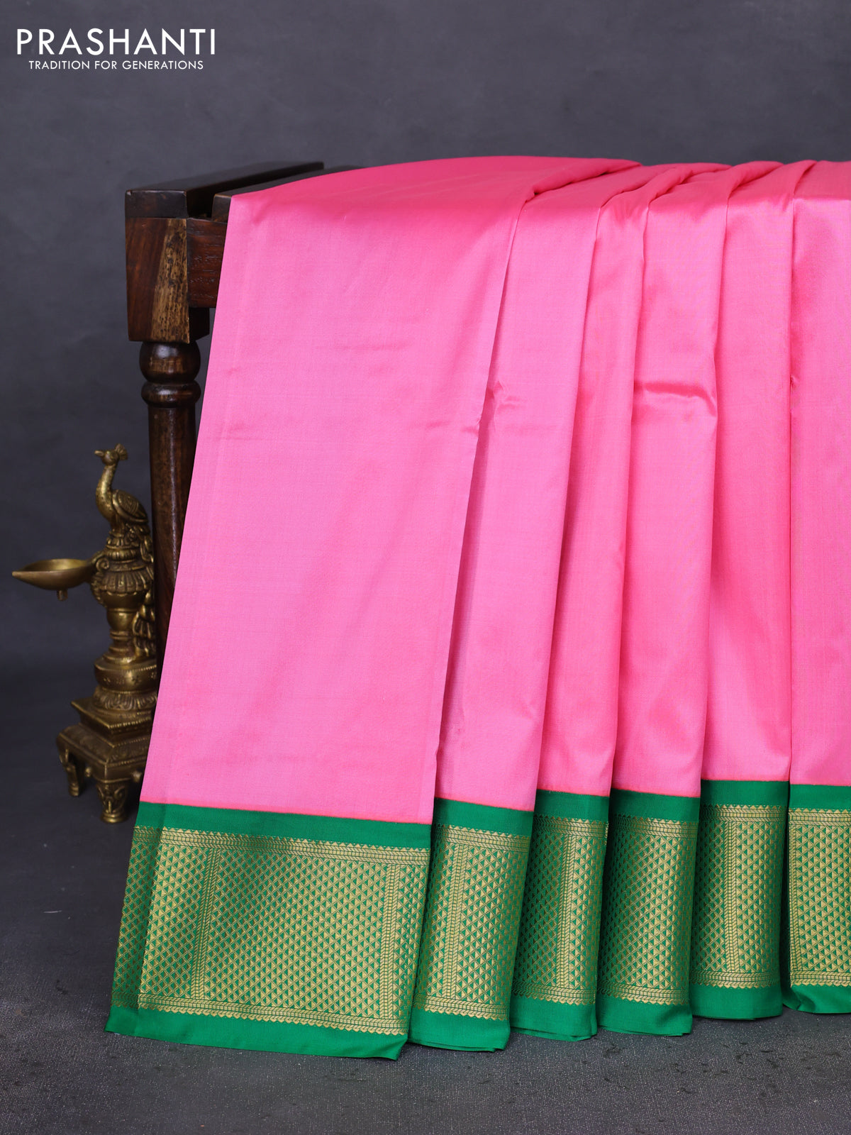 10 Yards silk saree candy pink and green with plain body and zari woven border