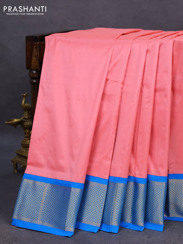 10 Yards silk saree peach pink and cs blue with plain body and zari woven border
