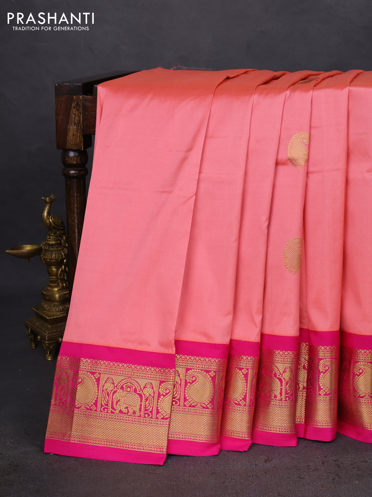 10 Yards silk saree peach orange and pink with annam & paisley zari woven buttas and zari woven border
