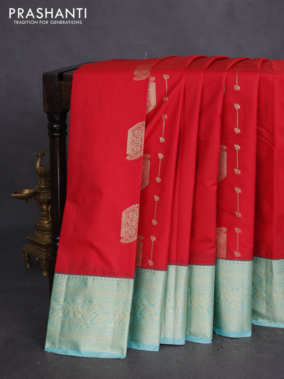 Bangalori silk saree red and teal blue with zari woven buttas and zari woven border