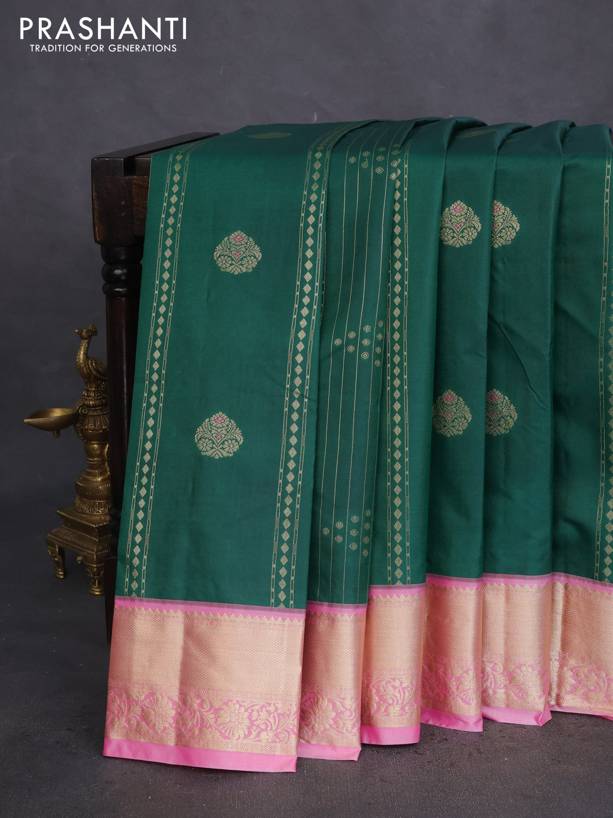 Bangalori silk saree green and pink with allover zari weaves and zari woven border