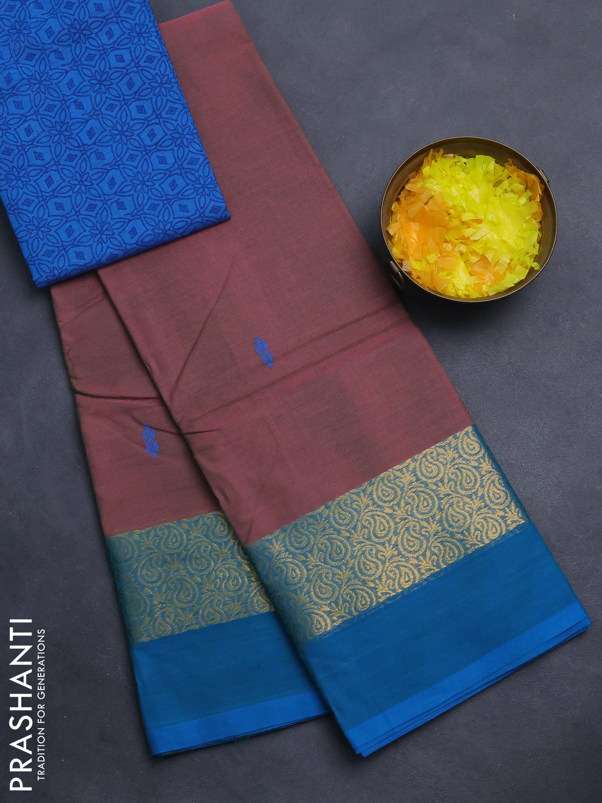 Chettinad cotton saree mauve pink shade and blue with thread woven buttas and zari woven simple border