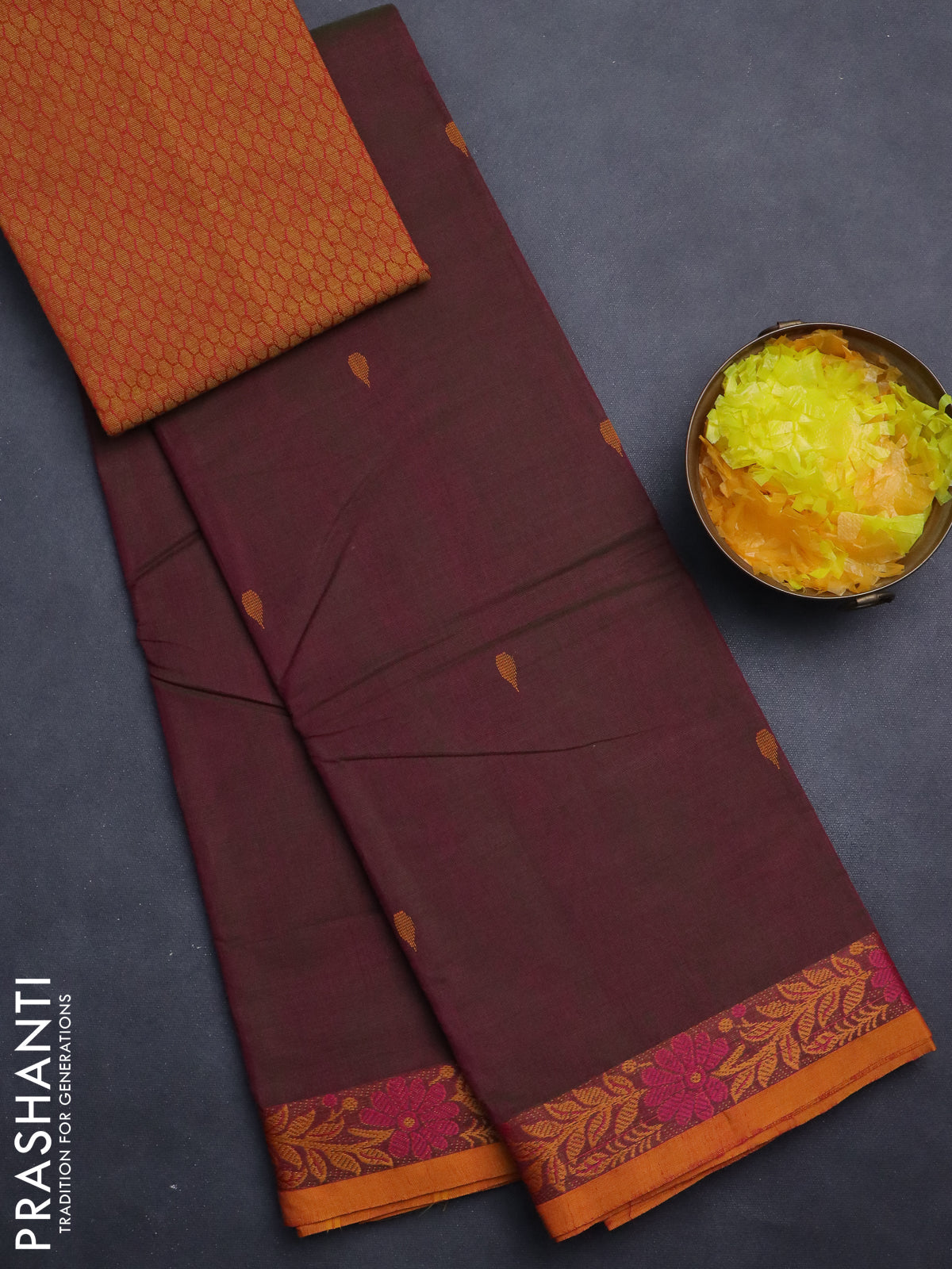 Chettinad cotton saree dual shade of greenish magenta pink and dark mustard with thread woven buttas and thread woven border