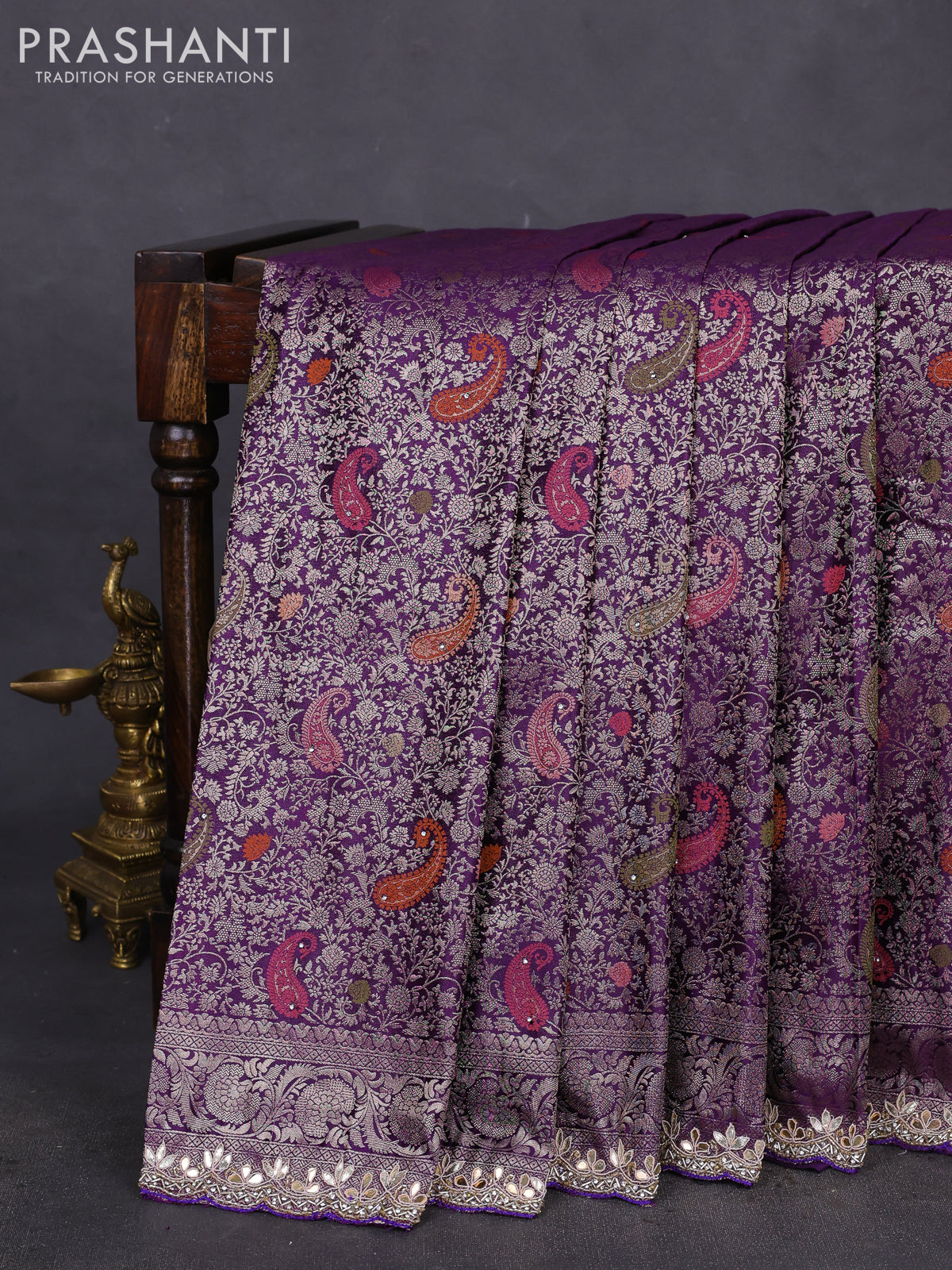 Banarasi silk saree violet with allover zari woven brocade weaves and zaridosi gotapatti work border