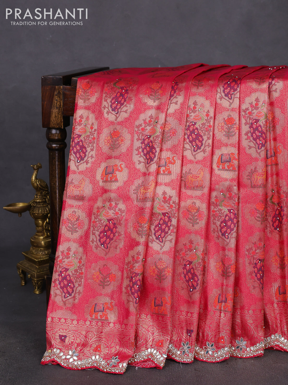 Banarasi silk saree pink with allover zari woven brocade weaves and zaridosi gotapatti work border