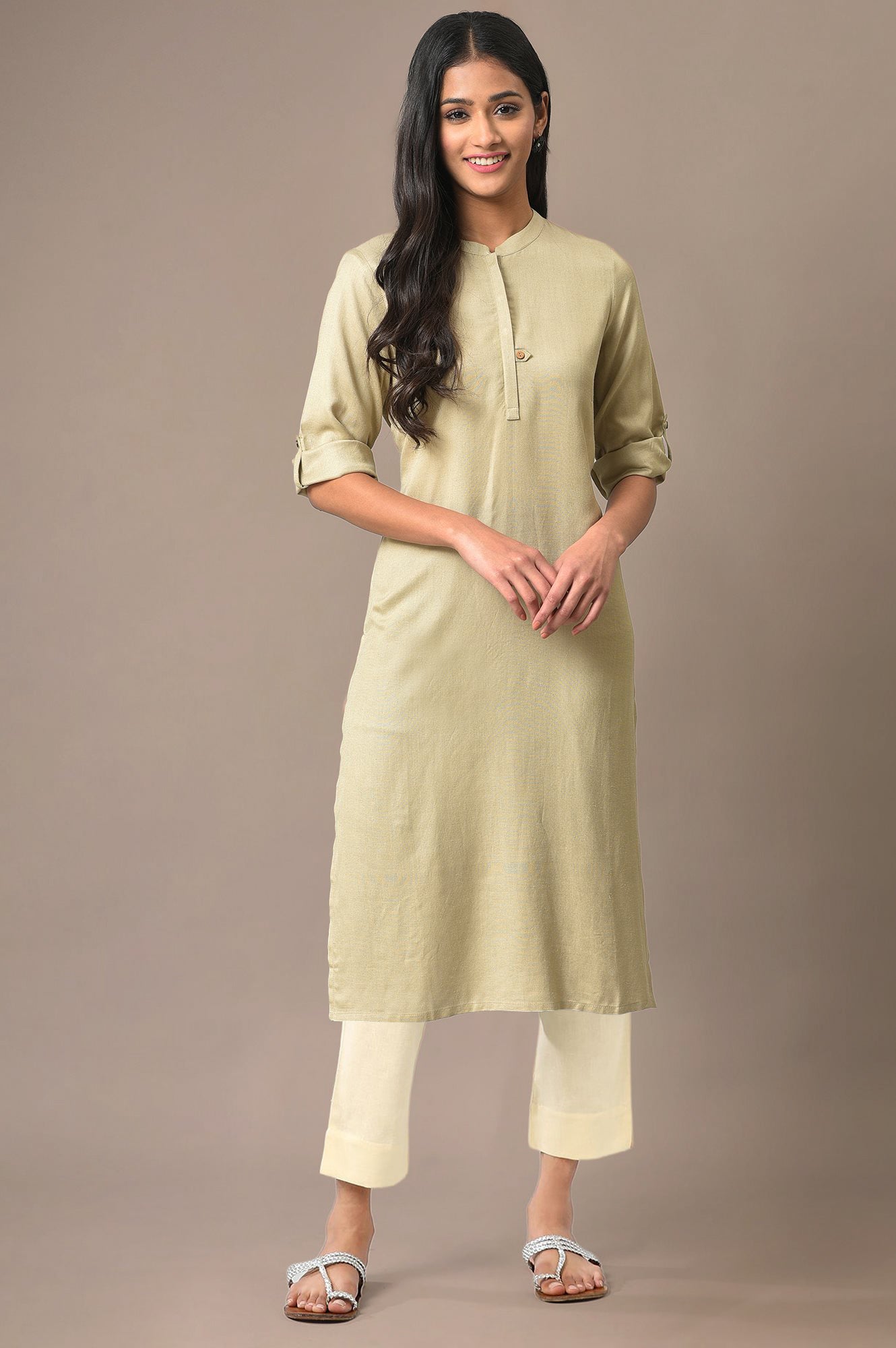 Beige Solid Rayon Straight Kurta and Trouser Set