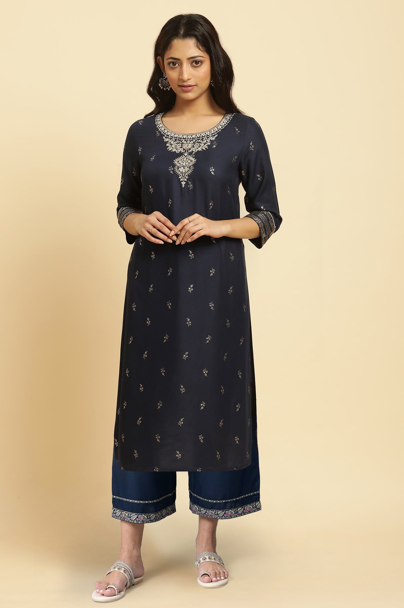 Blue Metallic Embroidery Straight Kurta and Parallel Pant Set
