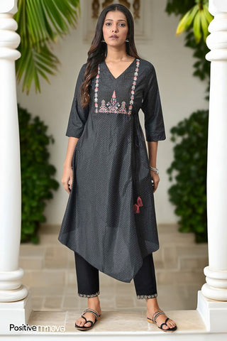 Black Thread Embroidery A-line Kurta and Slim Pant Set