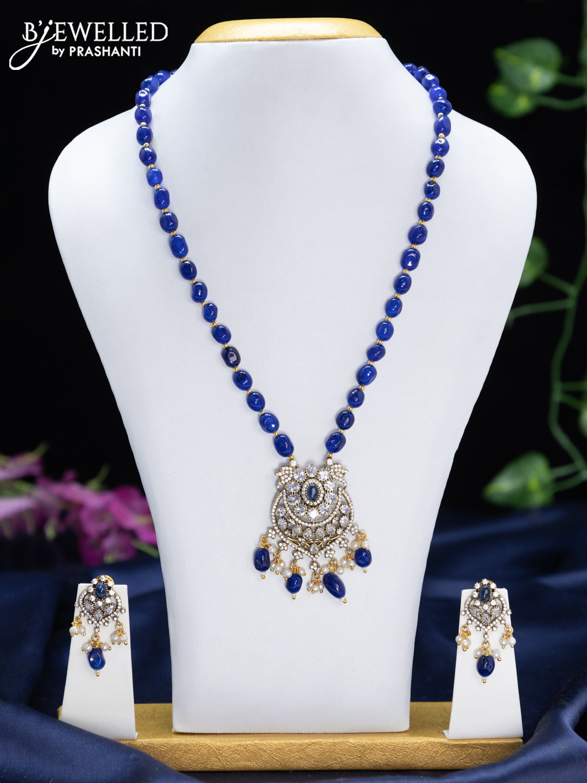 Beaded blue necklace with sapphire & cz stones and pearl & beads hangings in victorian finish