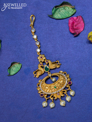 Antique maang tikka peacock design with kemp & cz stones and pearl hangings