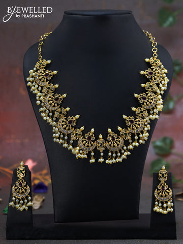 Antique Guttapusalu Necklace chandbali design with kemp & cz stones and pearl hangings