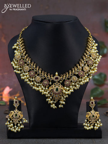 Antique Guttapusalu Necklace lakshmi design with kemp & cz stones and pearl hangings