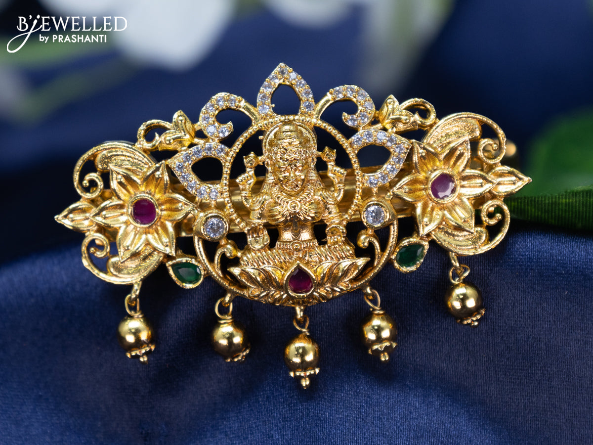 Antique Hair clip small size lakshmi design with kemp & cz stones and golden beads hangings