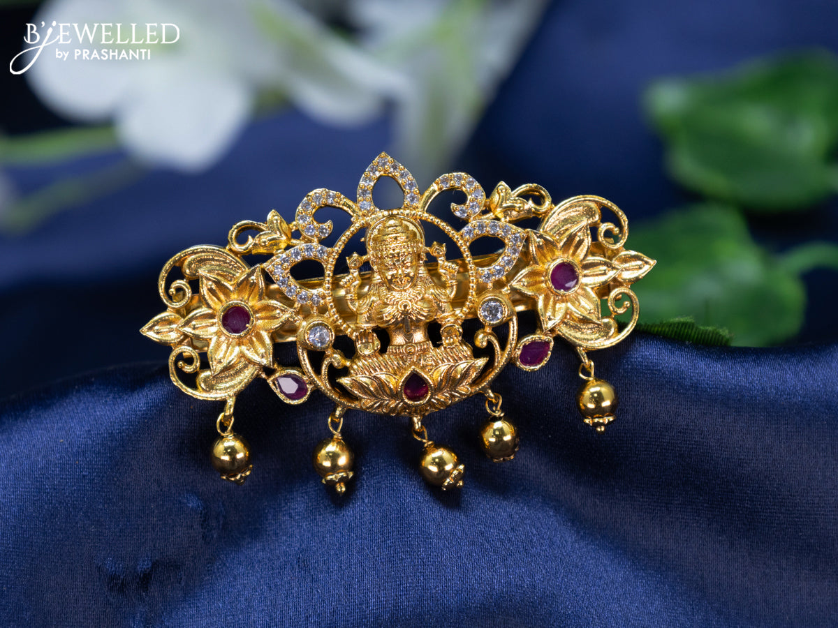 Antique Hair clip small size lakshmi design with pink kemp & cz stones and golden beads hangings