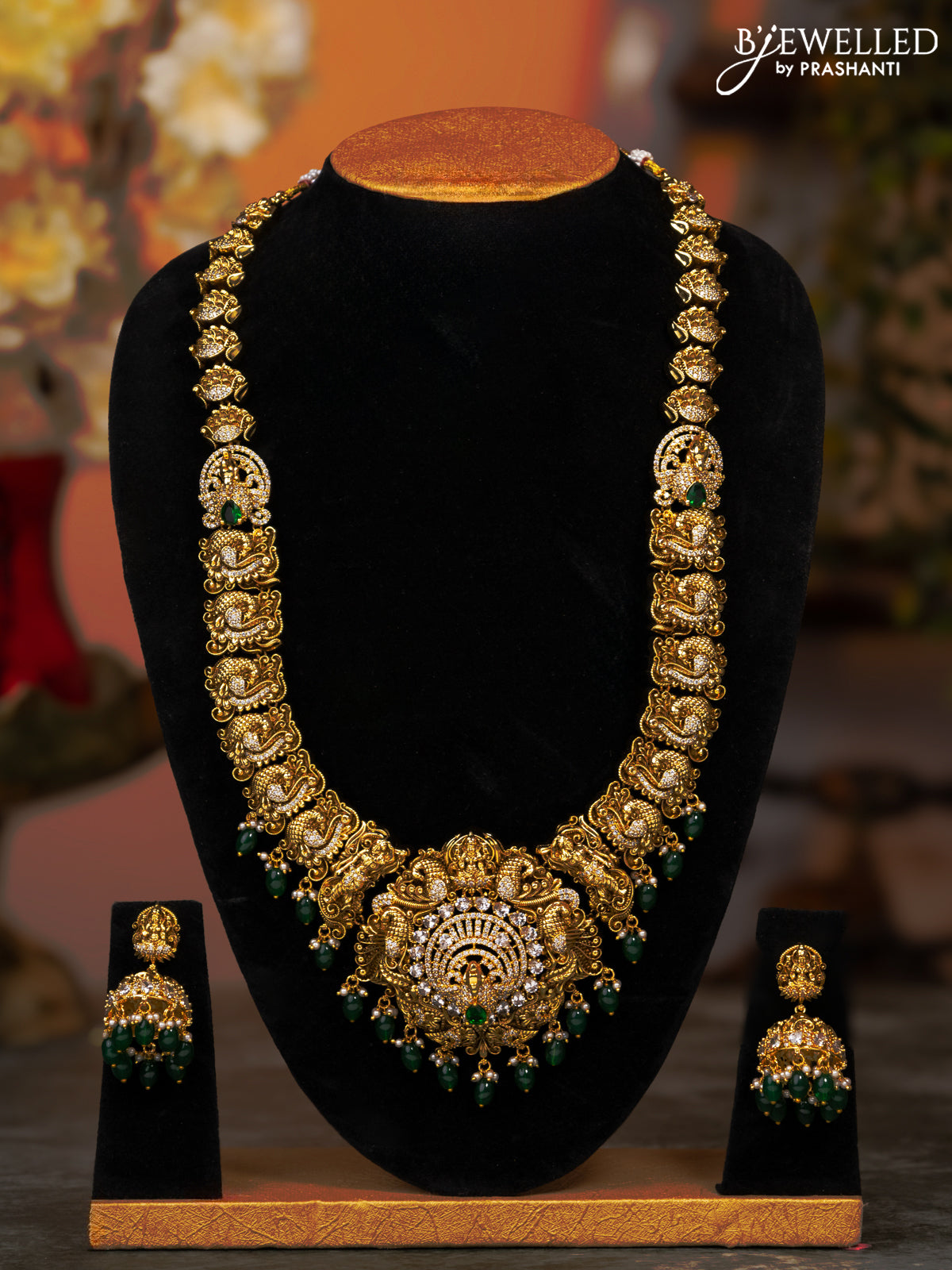 Antique haaram lakshmi & peacock design with emerald & cz stones and green beads hangings