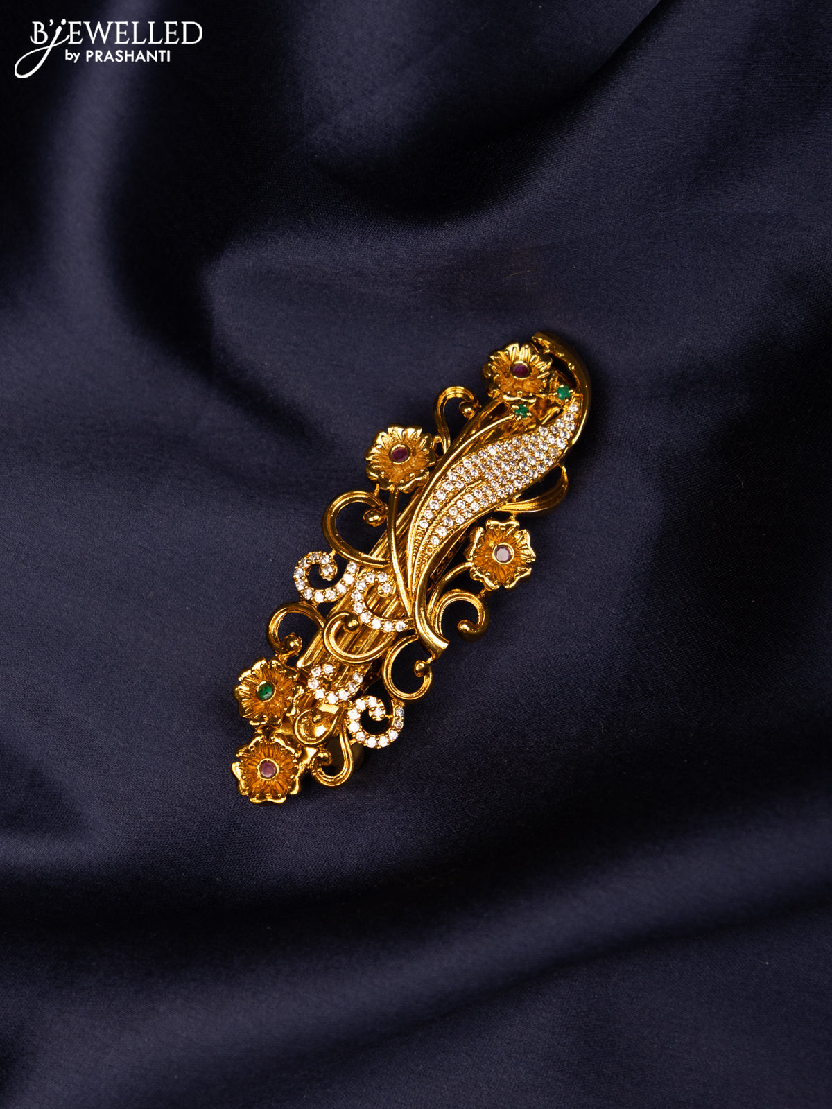 Antique hair clip medium size floral design with kemp and cz stones